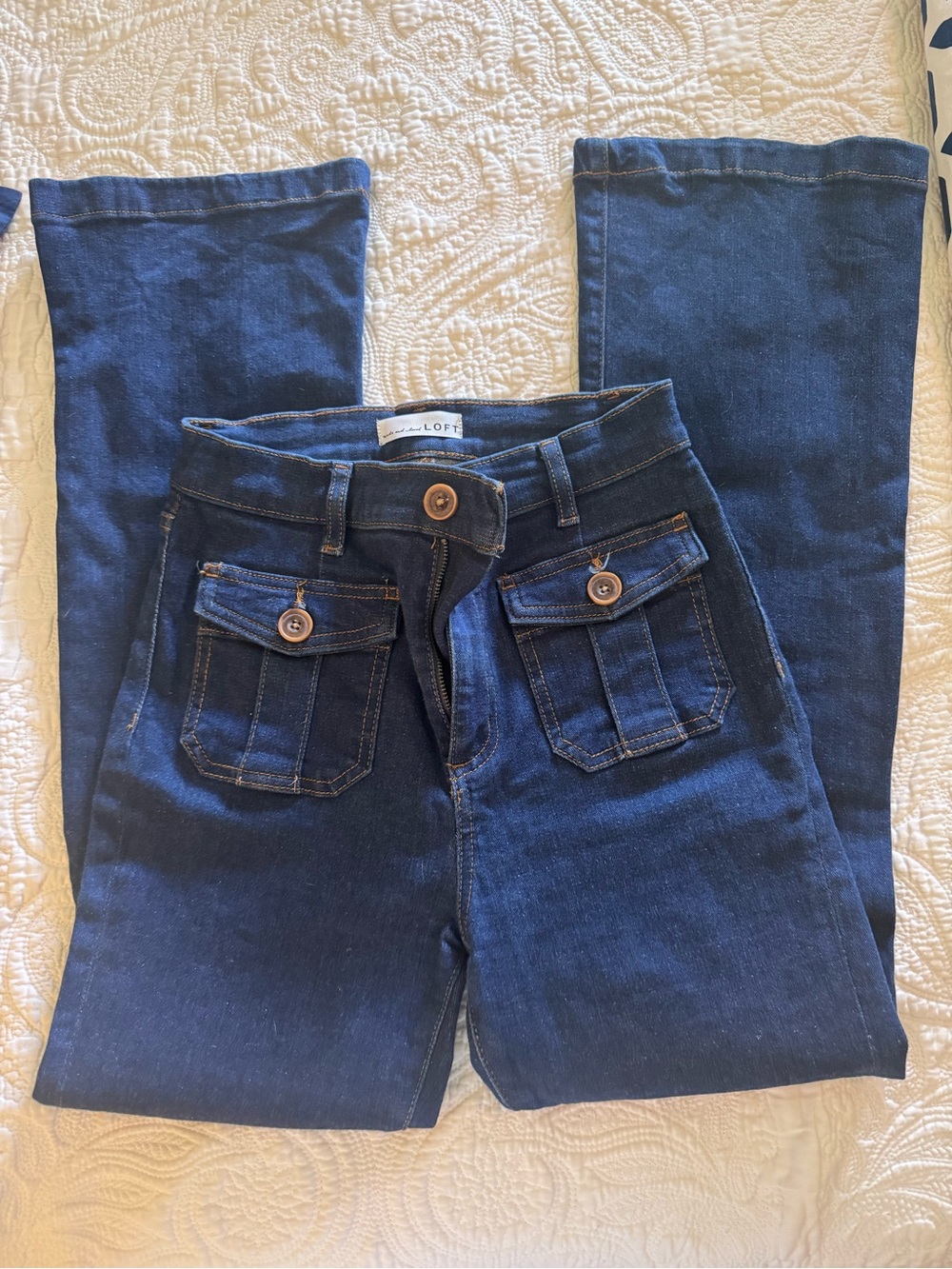 LOFT Dark Blue Mini Flare Jeans with Front Patch Button Pockets